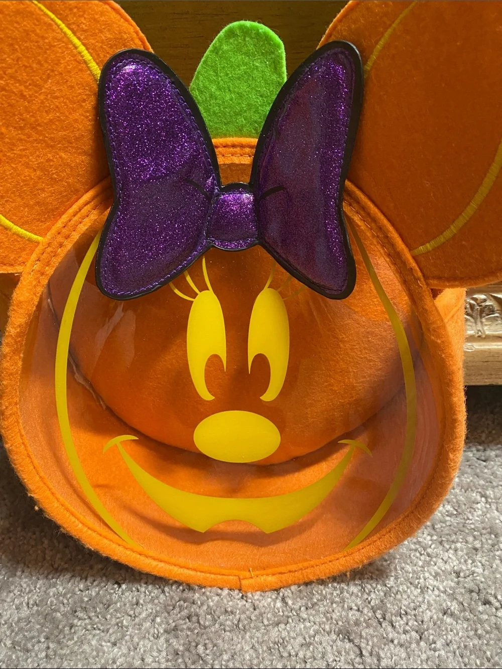 Disney Orange Pumpkin Minnie Trick-or-Treat Bag with Purple Bow and Green Handle